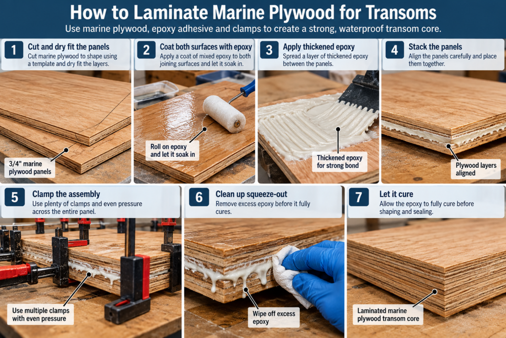 How to laminate marine plywood for transoms using epoxy adhesive, stacked plywood layers, even clamping pressure, and proper curing.