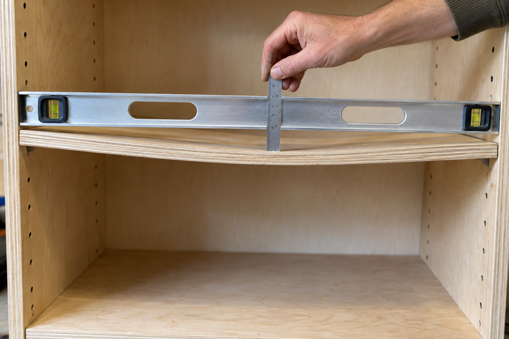 Measuring a sagging plywood shelf with a straightedge and metal ruler to determine the amount of deflection.