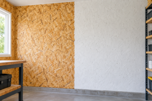 How to Paint OSB: Walls, Floors and Exterior Panels Paint OSB before and after comparison showing unfinished OSB panels beside a white painted OSB workshop wall