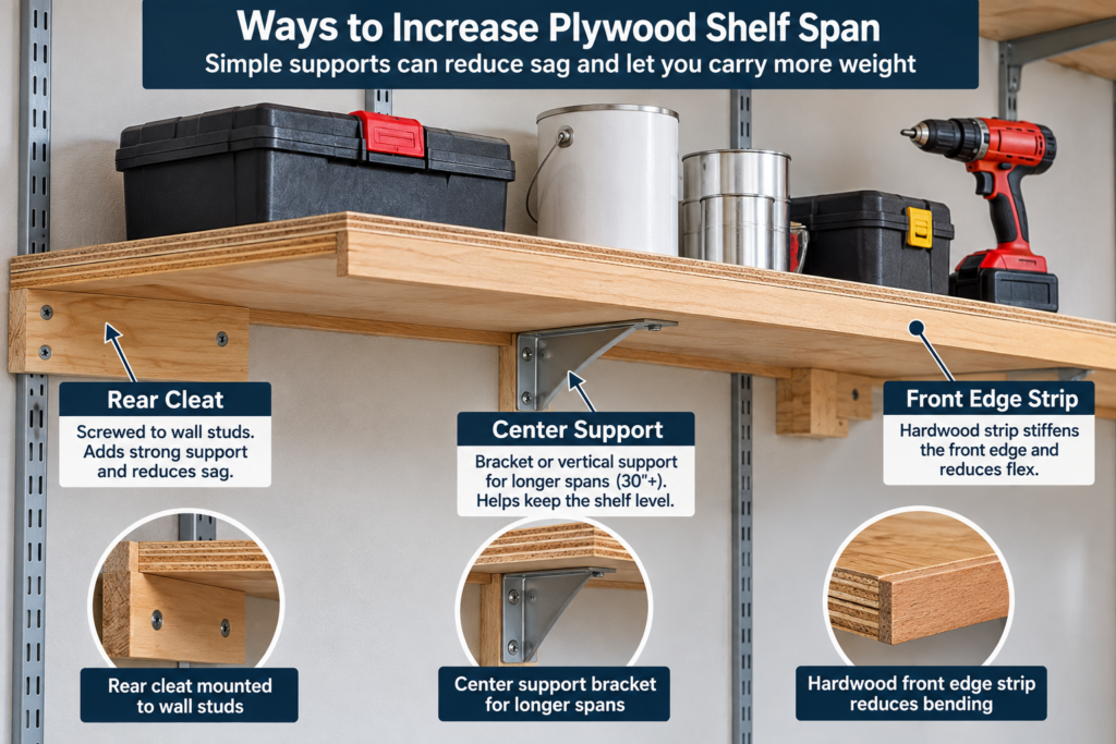 Plywood shelf span reinforcement with rear cleat, center support bracket, and hardwood front edge strip to reduce sag