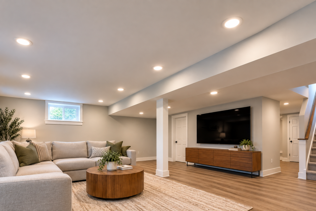 Low ceiling basement ideas with a drywall ceiling, recessed lighting, and a compact soffit designed to preserve headroom