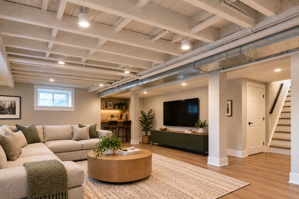 Low ceiling basement ideas with painted exposed joists, visible ductwork, and recessed lighting that preserve headroom.