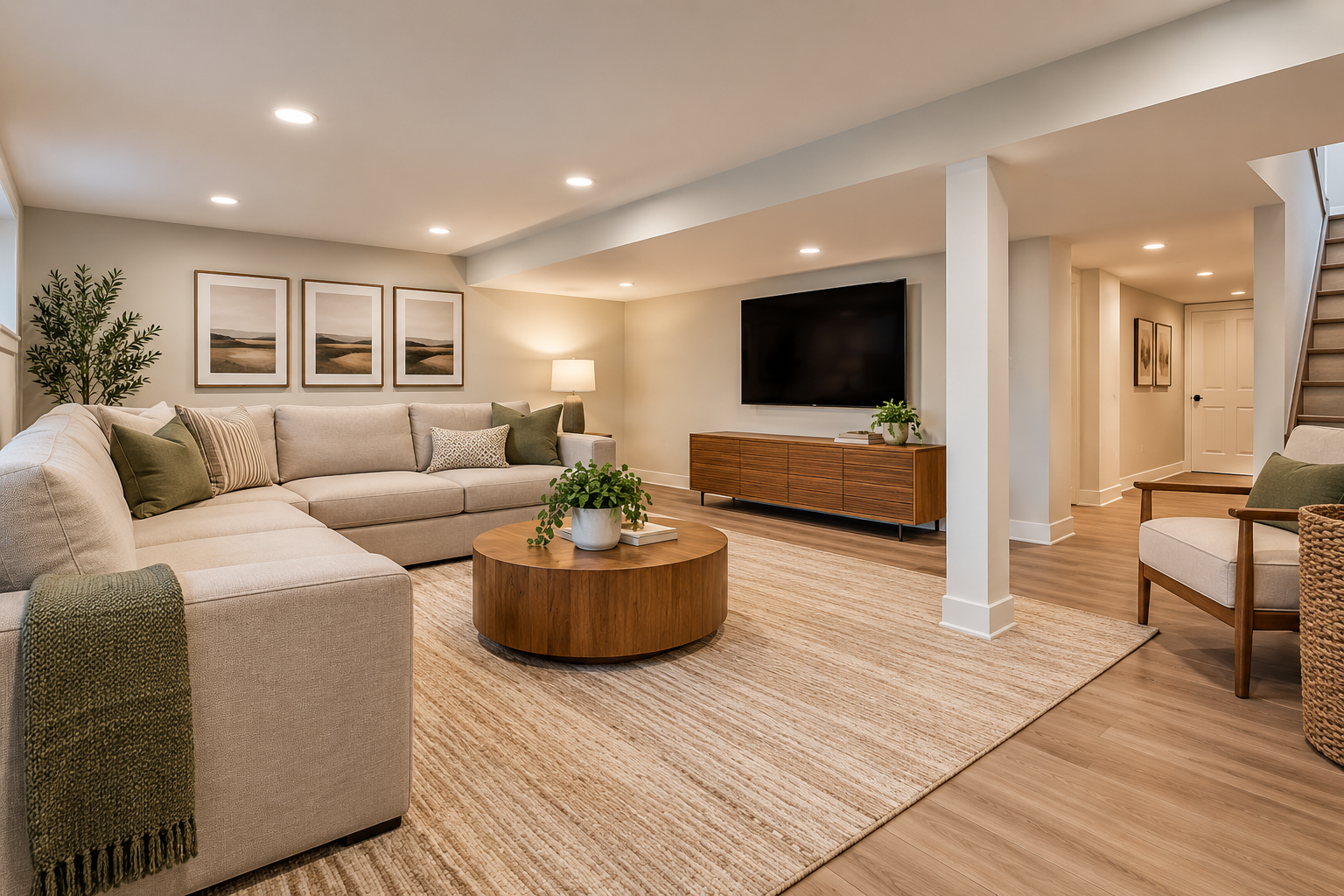 Low ceiling basement ideas with recessed lighting, low-profile furniture, and a bright finished ceiling that makes the room feel taller.