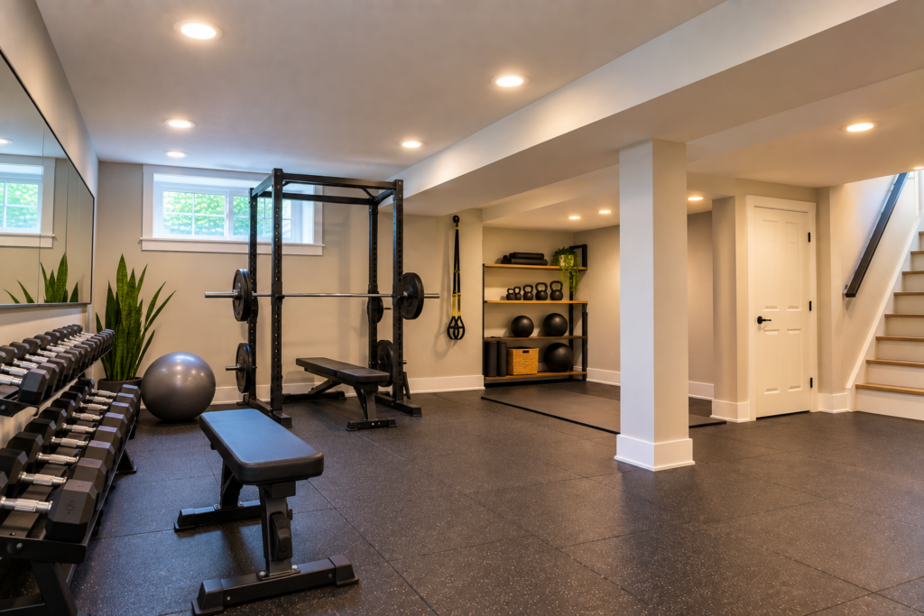 Low ceiling basement ideas for a home gym with recessed lighting, mirrors, and a low-profile layout that preserves headroom.
