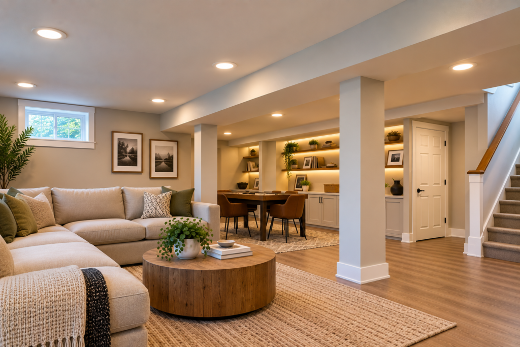Low ceiling basement ideas with recessed lighting, low-profile furniture, and an open layout that makes the room feel taller.