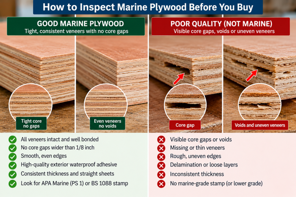 Marine plywood for boats inspection comparison showing quality veneer layers, tight cores, visible core gaps, voids, and delamination