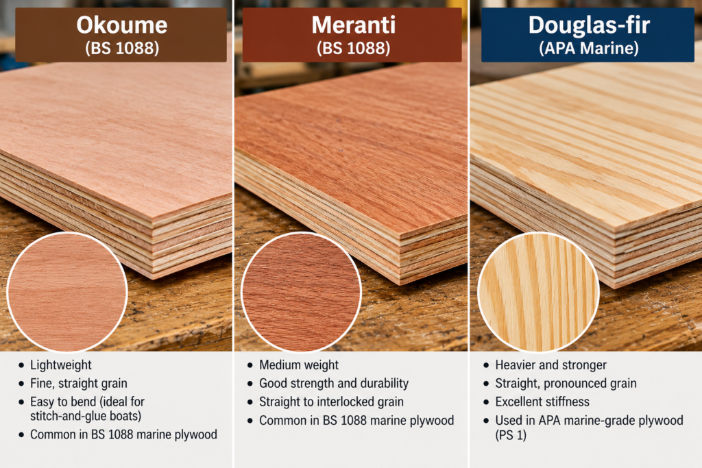 Marine plywood for boats comparison showing okoume, meranti, and Douglas-fir plywood, including wood grain, veneer layers, weight, and bending characteristics.
