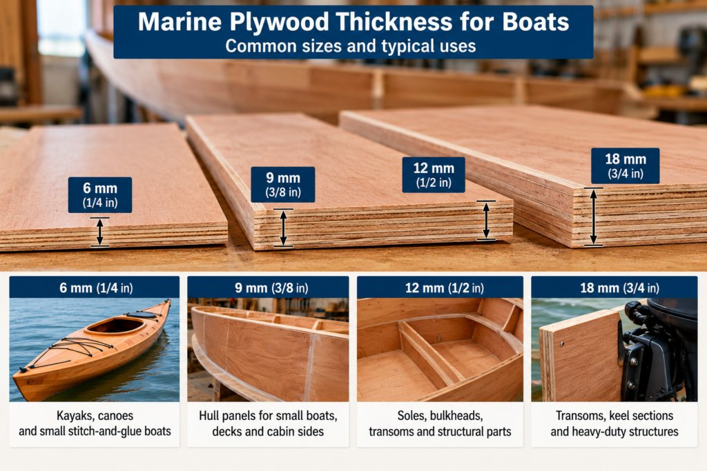 Marine plywood for boats thickness comparison showing 6 mm, 9 mm, 12 mm, and 18 mm panels with examples of boat-building applications.