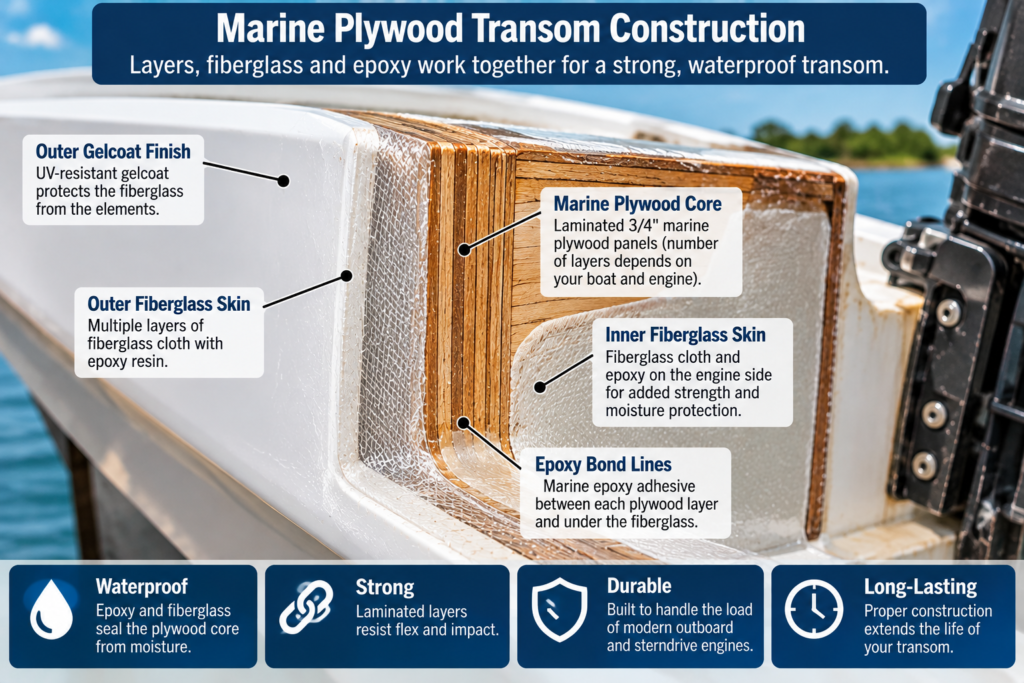 Marine plywood for transoms construction diagram showing laminated plywood core, fiberglass skins, epoxy bond lines, and protective gelcoat finish.
