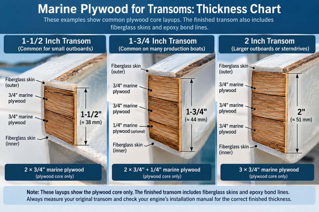 Marine plywood for transoms thickness comparison showing 1½-inch, 1¾-inch, and 2-inch plywood core layups with fiberglass skins.