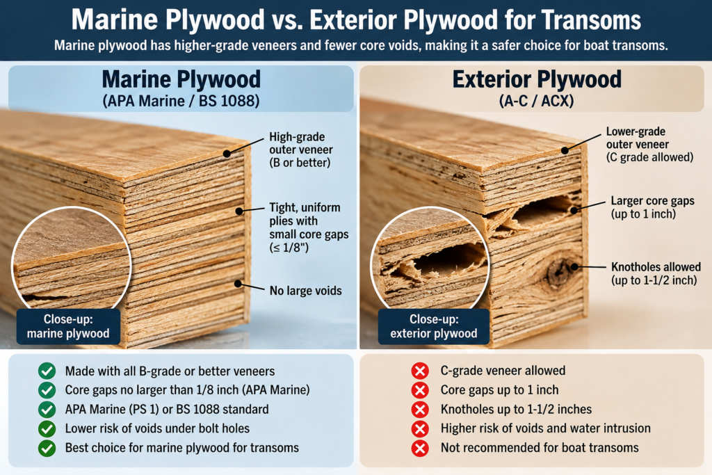 Marine plywood for transoms compared with exterior plywood, showing differences in veneer quality, core gaps, knots, and structural integrity.