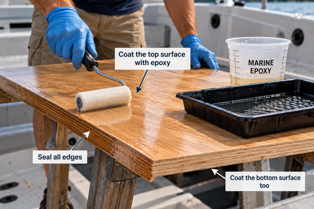 Marine plywood thickness for boat floors showing epoxy being applied with a roller to seal the plywood surface and exposed edges against moisture.