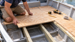 Marine Plywood for Boat Floors: Thickness Chart & Grades Marine plywood thickness for boat floors showing a plywood panel being installed over structural supports inside a boat.