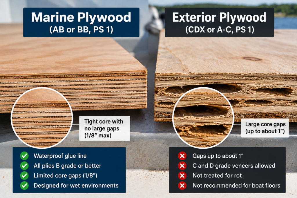Marine plywood thickness for boat floors comparison showing marine-grade plywood with smaller core gaps versus exterior plywood with larger internal voids