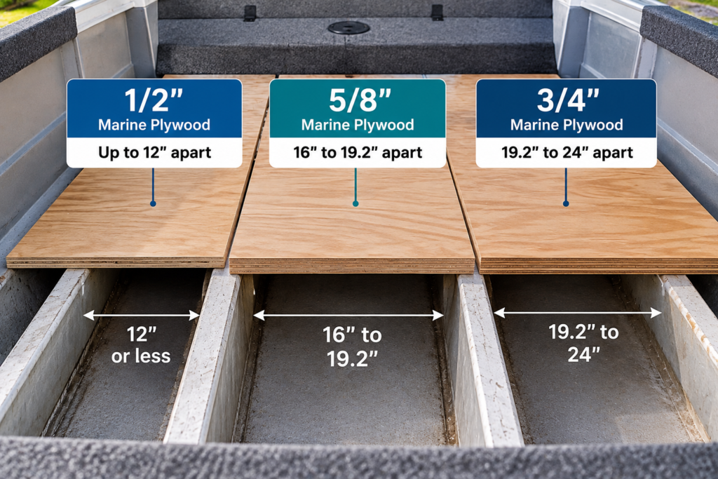 Marine plywood thickness for boat floors comparison showing 1/2-inch, 5/8-inch, and 3/4-inch plywood with recommended support spacing.