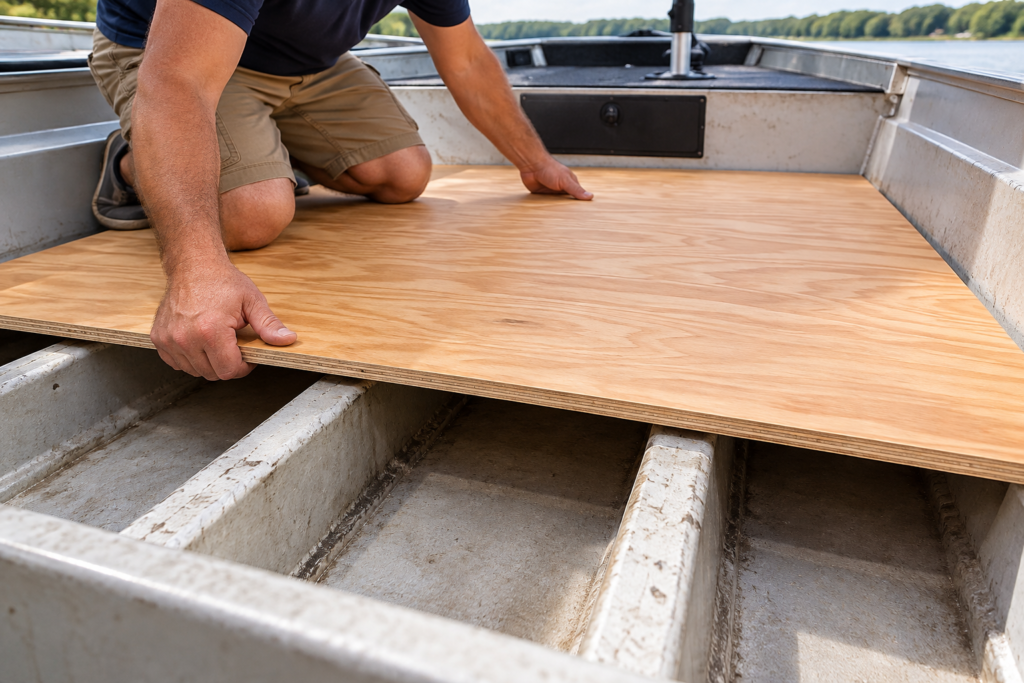 Marine plywood thickness for boat floors showing a plywood panel positioned over structural supports inside a boat.