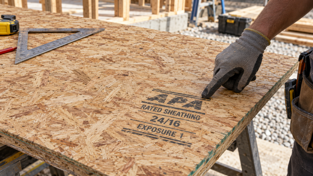 OSB vs particle board structural comparison showing an illustrative OSB 24/16 span-rating stamp