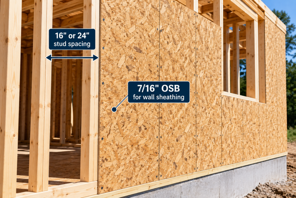OSB thickness guide showing 7/16-inch OSB wall sheathing installed over wood framing with 16-inch or 24-inch stud spacing.