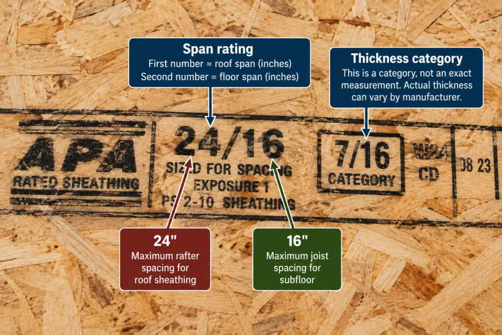 OSB thickness and span rating explained on an APA panel stamp showing 24/16 spacing, 7/16-inch thickness category, and roof and floor support limits.