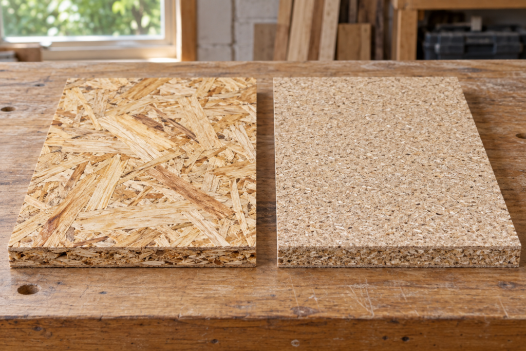 OSB vs particle board close-up showing large wood strands and fine compressed particles