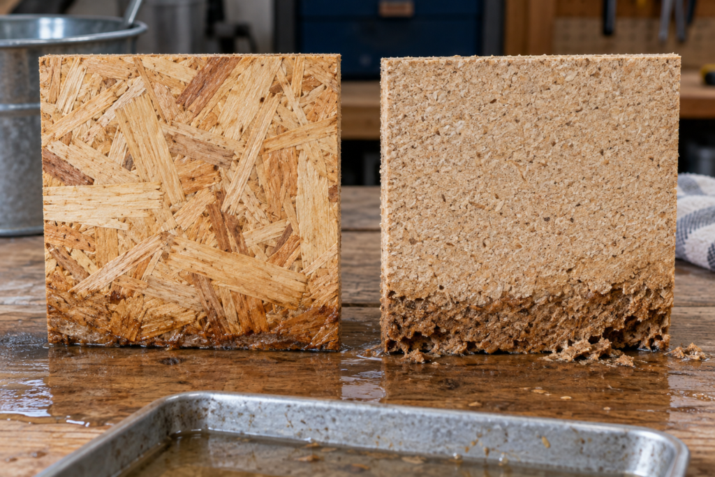 OSB vs particle board water damage comparison showing swollen particle board edges