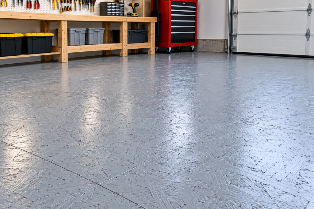 Finished workshop floor showing how to paint OSB with gray floor-rated paint while keeping the wood strand texture visible.