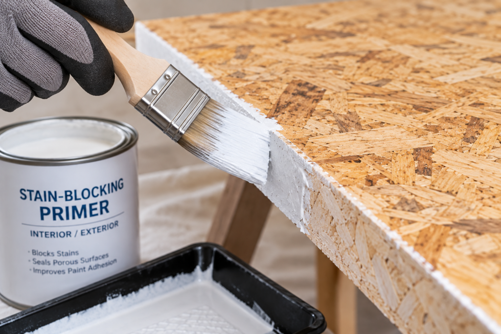 How to paint OSB by applying stain-blocking primer with a brush to seal exposed cut edges and help prevent moisture absorption.