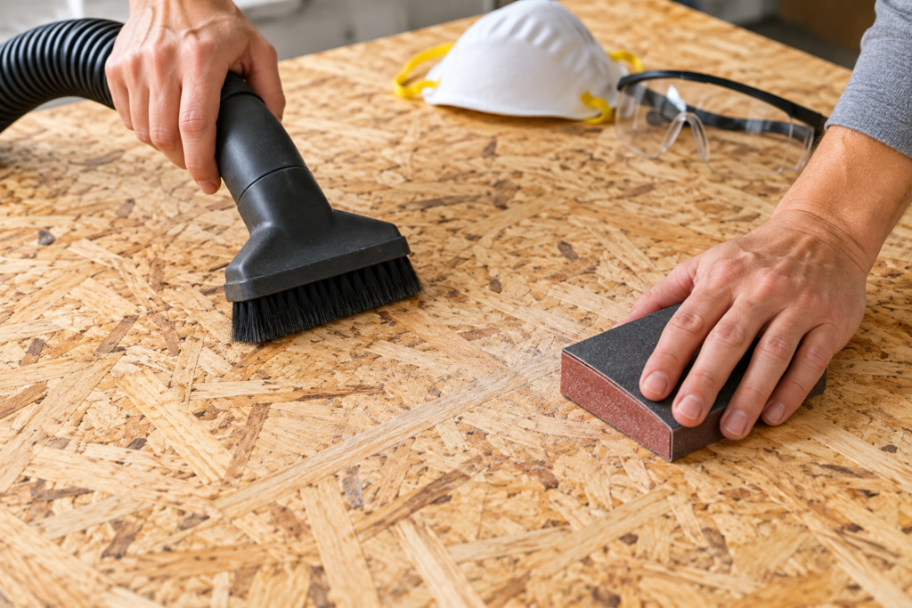 Preparing to paint OSB by lightly sanding the surface and removing dust with a vacuum brush before applying primer.