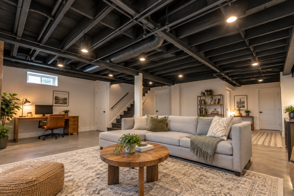 Cheap basement ceiling ideas using plywood panels with decorative battens