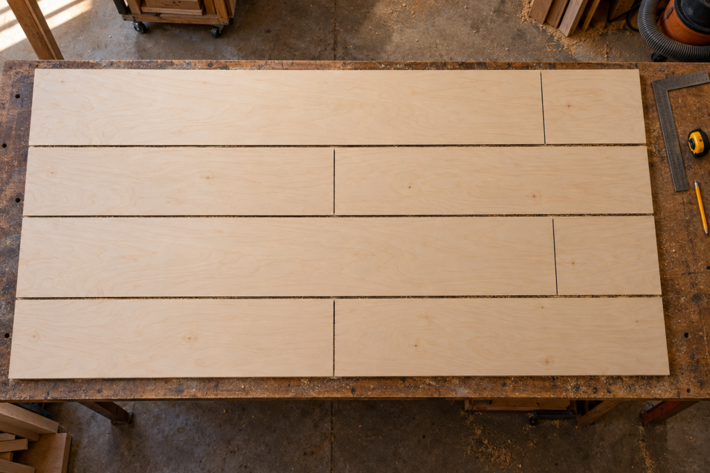 Plywood sheet cutting layout illustrating bookcase sides and shelves for a budget furniture project