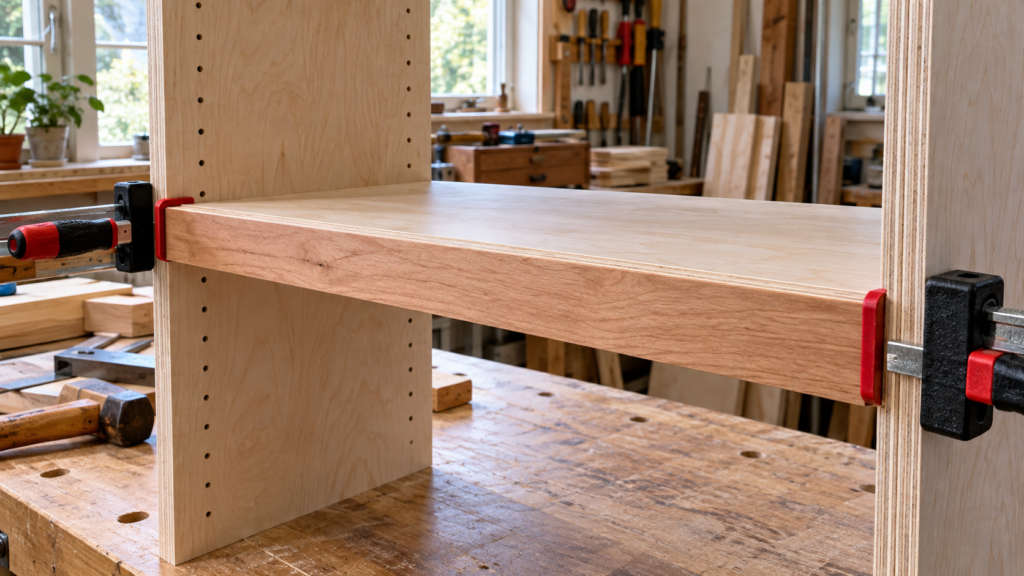 Birch plywood bookshelf shelf reinforced with a hardwood front edge to help reduce sagging.