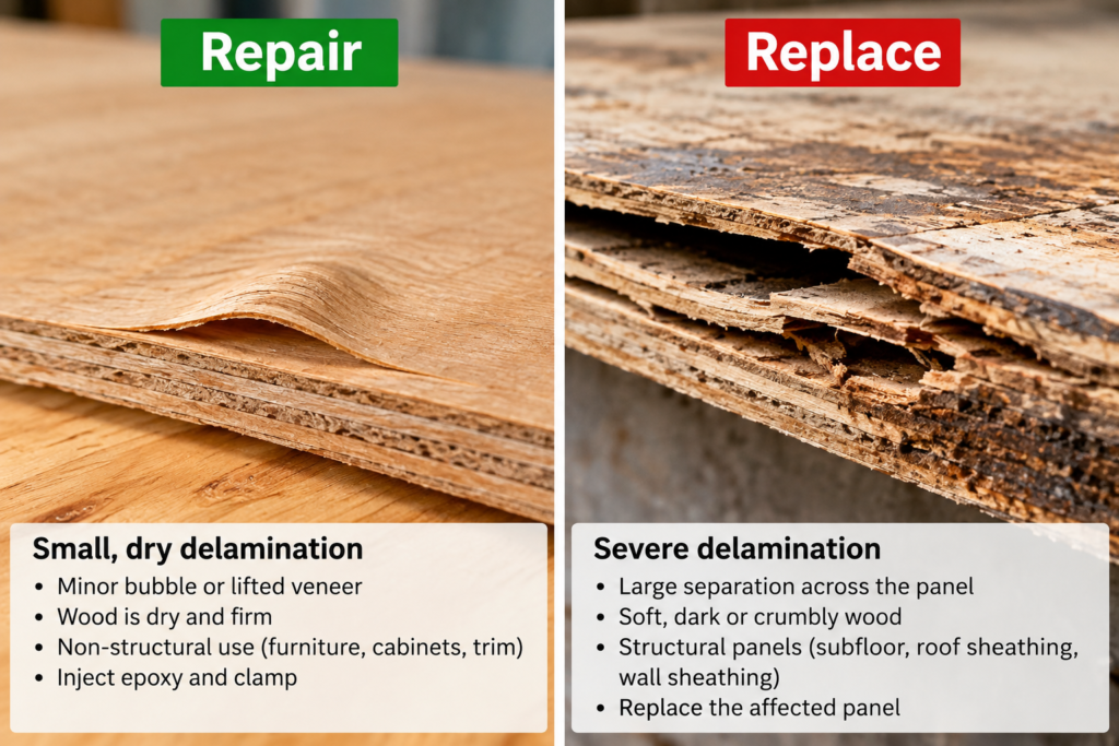 Plywood delamination repair vs replace comparison showing minor veneer separation suitable for repair and severe plywood damage requiring replacement.