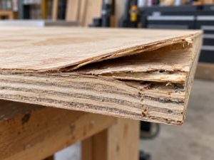 Plywood Delamination: When to Repair vs Replace Close-up of plywood delamination showing separated veneer layers and peeling wood along the edge of a plywood sheet.