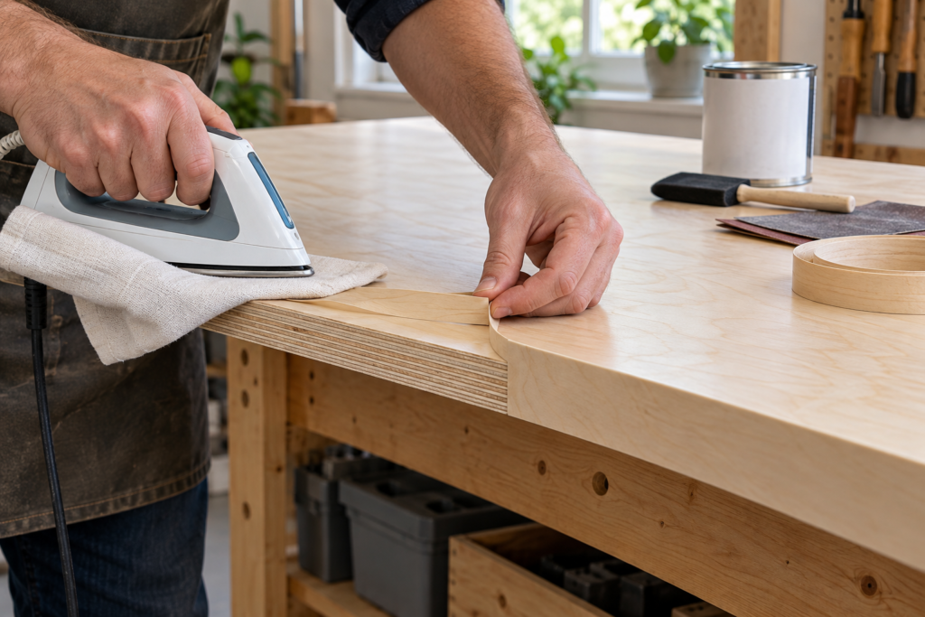 Applying iron-on birch edge banding to a plywood desktop for a budget basement home office.