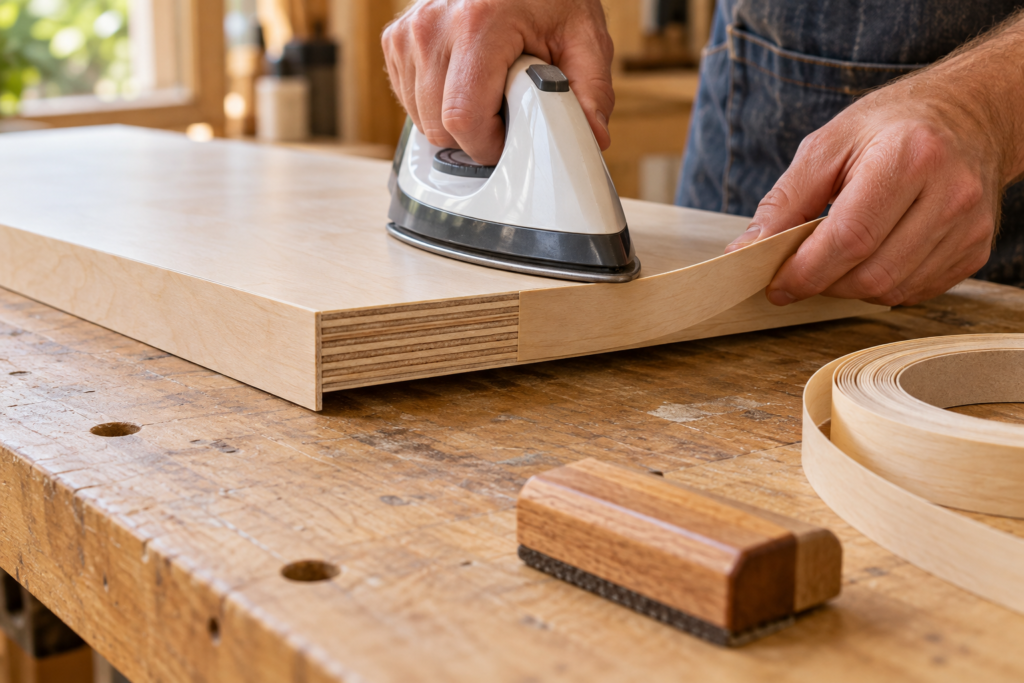 Applying iron-on veneer edge banding to plywood furniture to conceal exposed layers