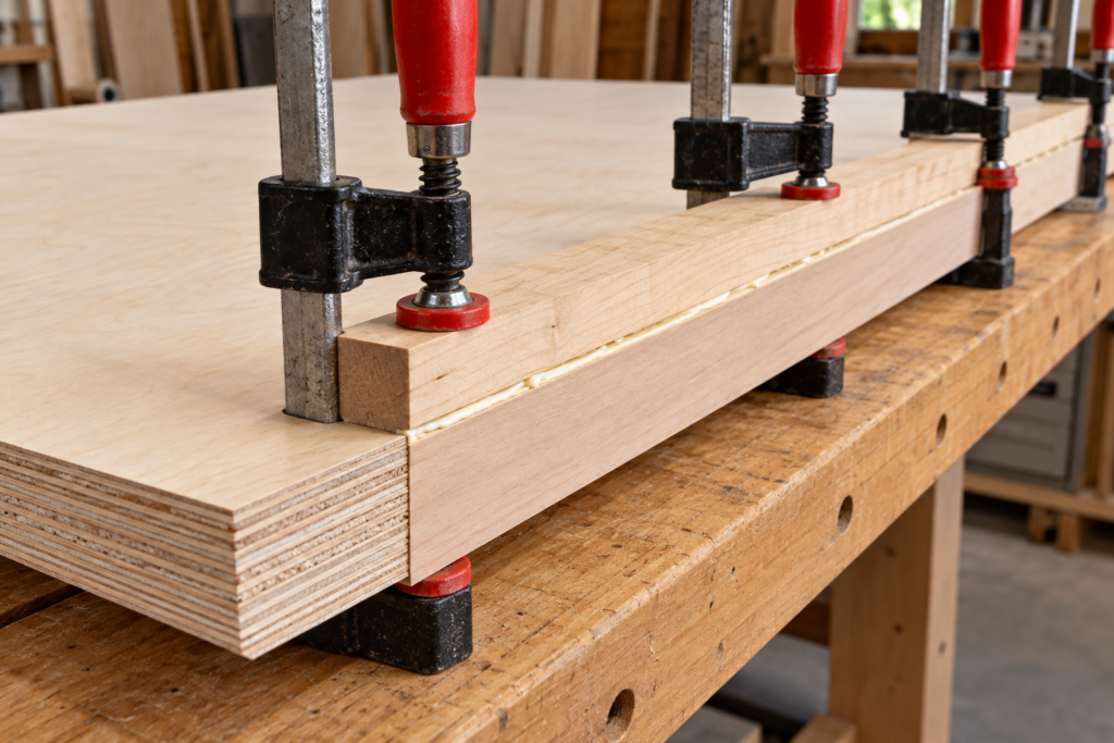 Best clamps for plywood edge banding using bar clamps and a wooden caul to distribute pressure.