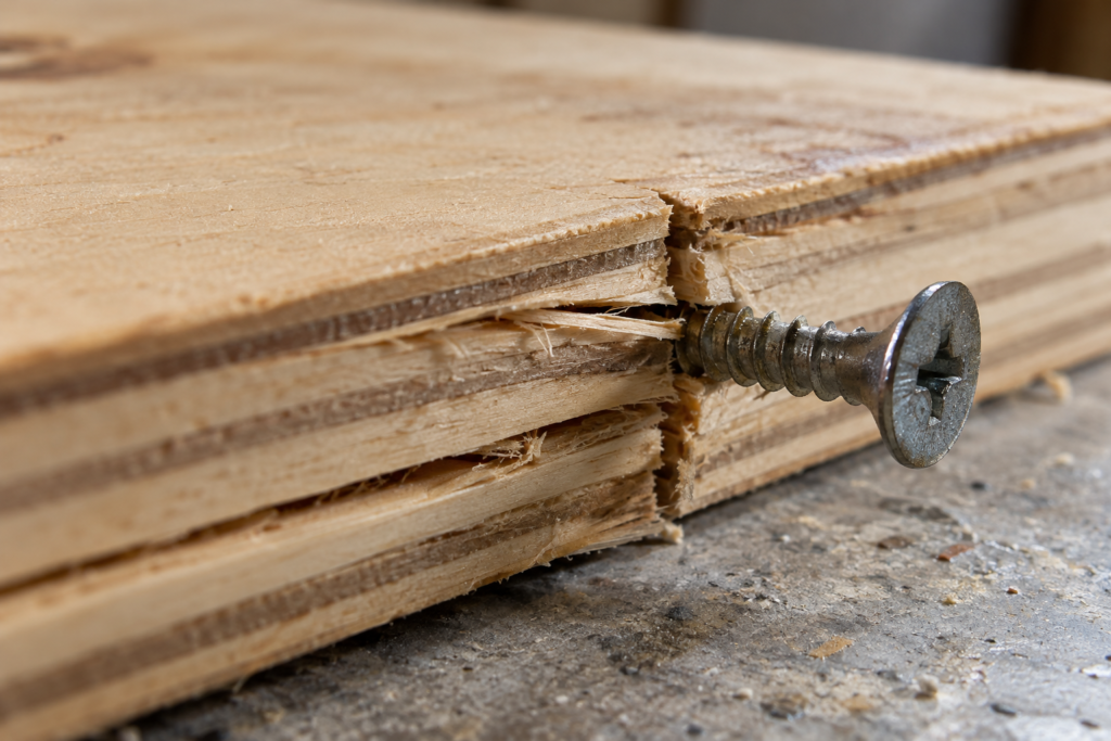 Plywood screw holding strength illustrated by a cross-section showing how screw threads grip the plywood edge layers.