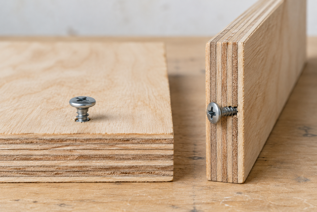 Plywood edge splitting and delaminating around an improperly installed screw.