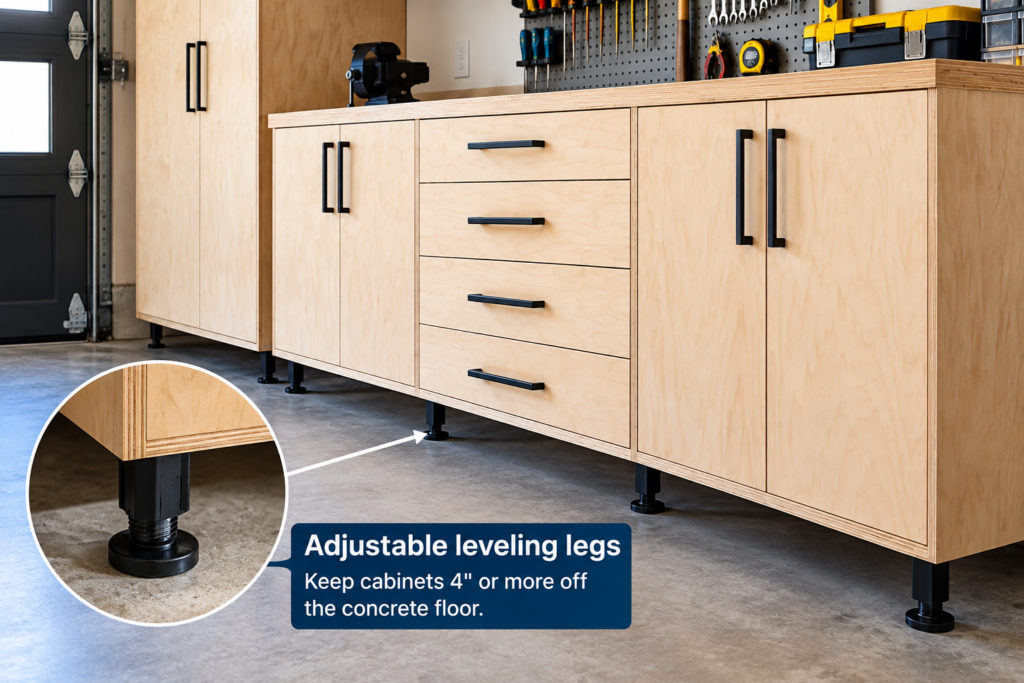 Plywood for garage cabinets with adjustable leveling legs that raise the cabinet bases above the concrete floor to reduce moisture exposure.