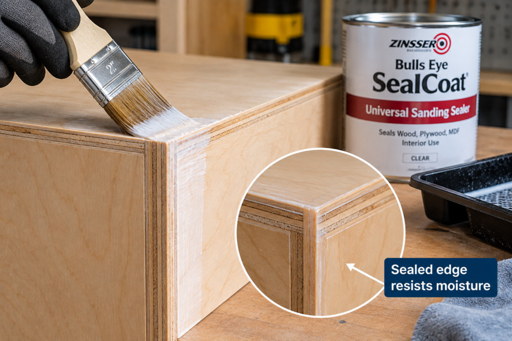Plywood for garage cabinets showing a brush applying wood sealer to exposed plywood edges to help protect against moisture damage.