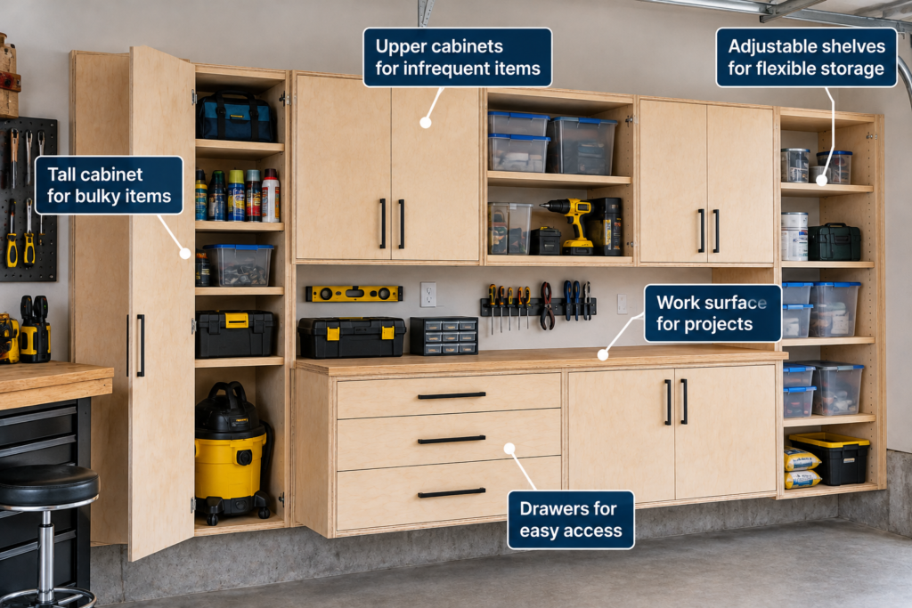 Plywood for garage cabinets showing an organized workshop with birch plywood cabinets, adjustable shelves, drawers, and tool storage.