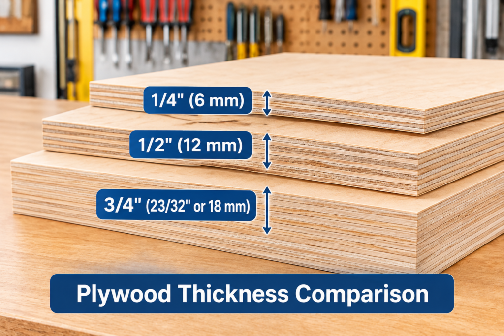 Plywood for garage cabinets thickness comparison showing 1/4-inch, 1/2-inch, and 3/4-inch plywood panels with visible layered edges.