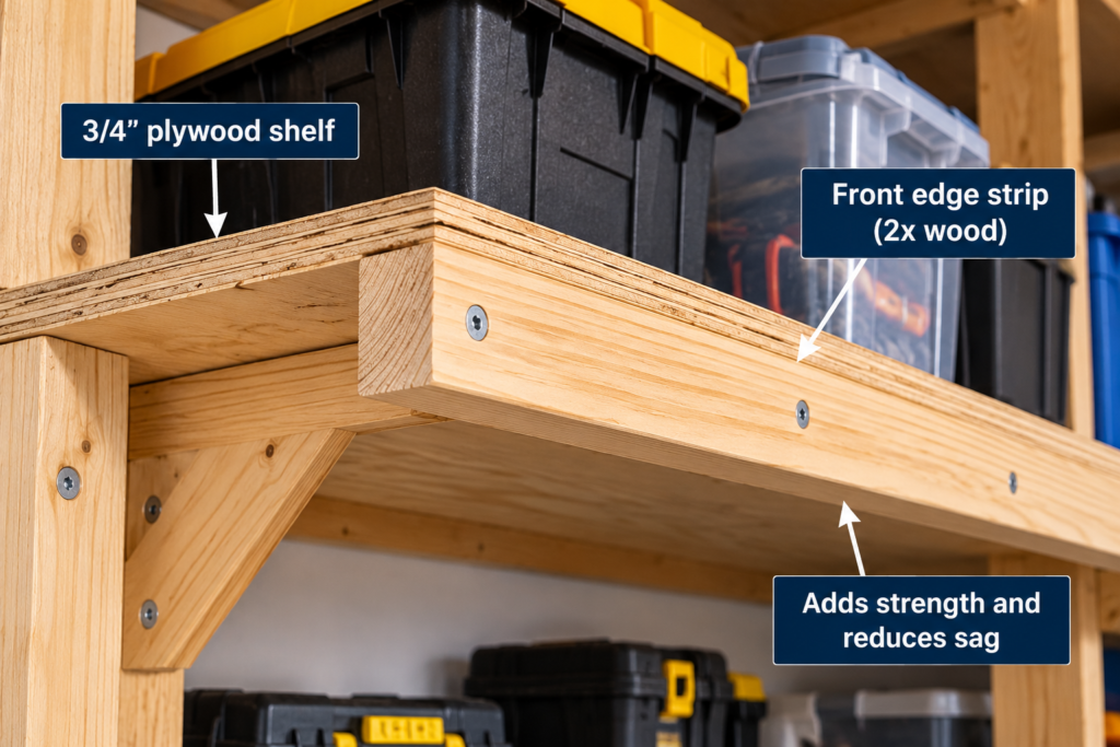 Close-up of a 3/4-inch plywood garage shelf reinforced with a screwed-on wooden front edge strip to increase stiffness and reduce sagging.