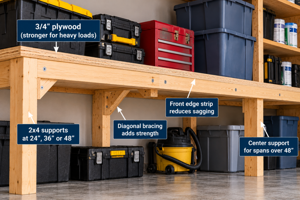 Plywood thickness for garage shelves showing 3/4-inch plywood with 2x4 framing, diagonal braces, front edge reinforcement, and center supports to reduce sagging under heavy loads.