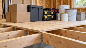 Plywood Load Capacity: 1/2 vs 3/4 Inch Plywood load capacity shown with heavy boxes, tools, paint buckets, and blocks supported across floor joists