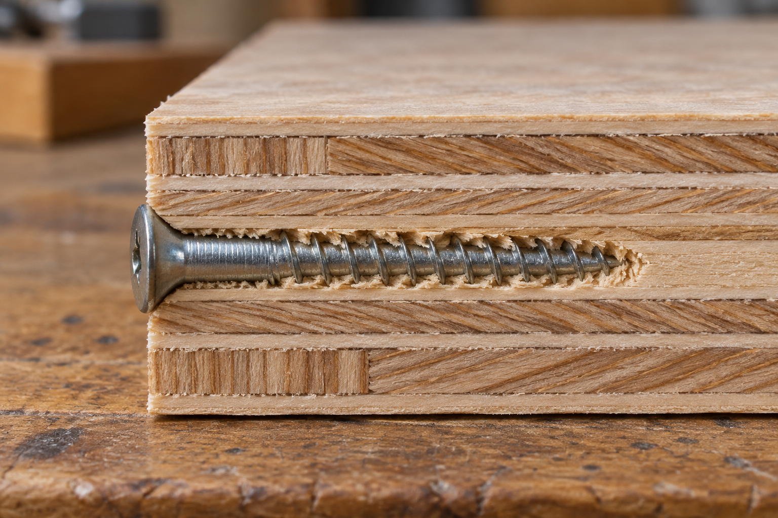 Plywood screw holding strength comparison showing screws driven into the face and edge of plywood.