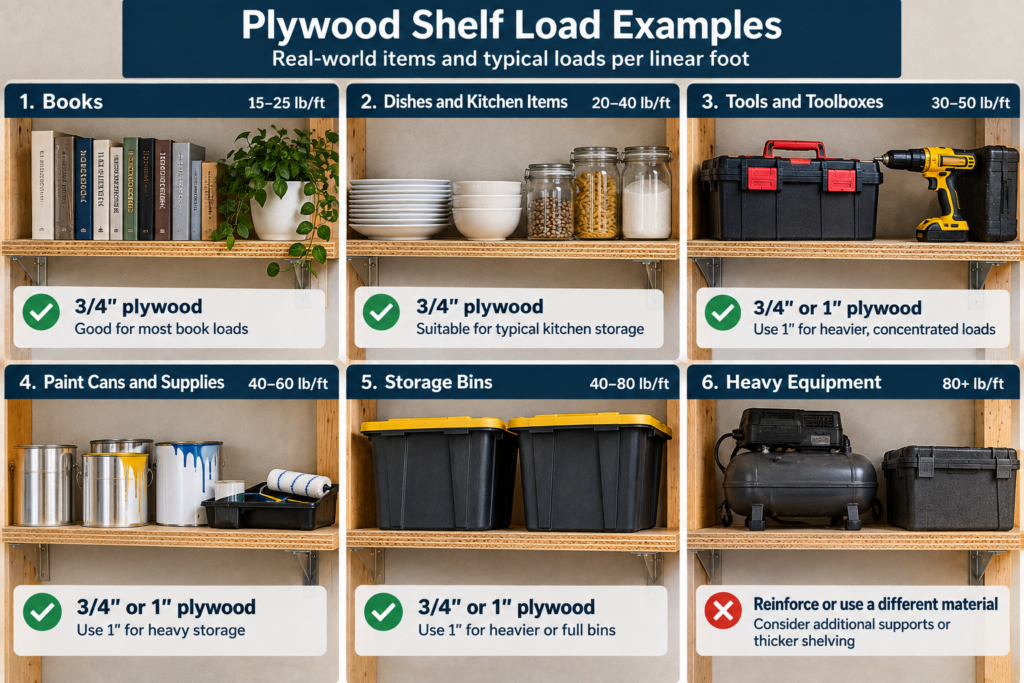Plywood shelf load examples showing books, kitchen items, tools, paint cans, storage bins, and heavy equipment with plywood weight capacity guidance
