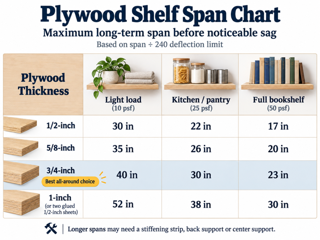 Plywood thickness for shelves span chart showing maximum long-term spans for 1/2-inch, 5/8-inch, 3/4-inch and 1-inch plywood under light, pantry and bookshelf loads.