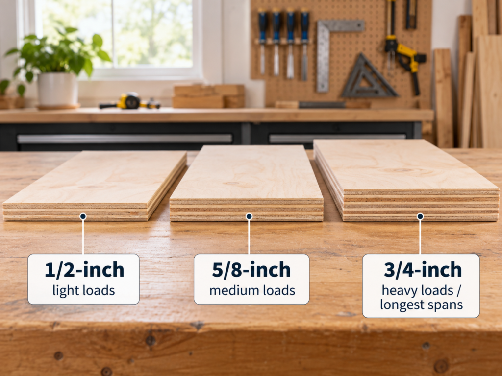 Plywood thickness for shelves comparison showing 1/2-inch, 5/8-inch and 3/4-inch plywood for light, medium and heavy loads.