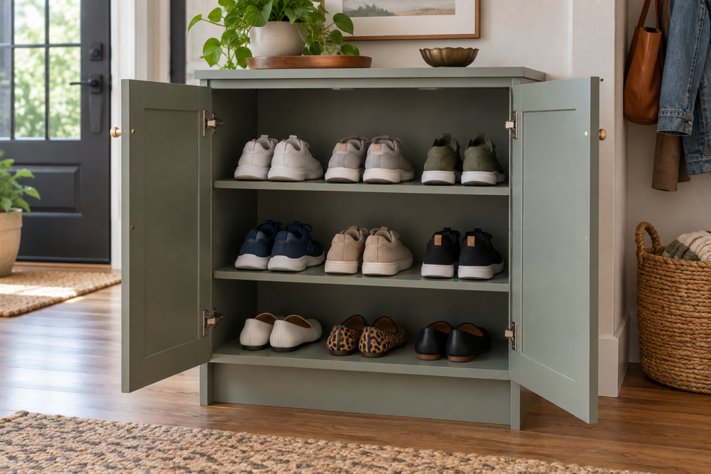 Plywood shoe cabinet with open doors showing three levels of organized shoe storage